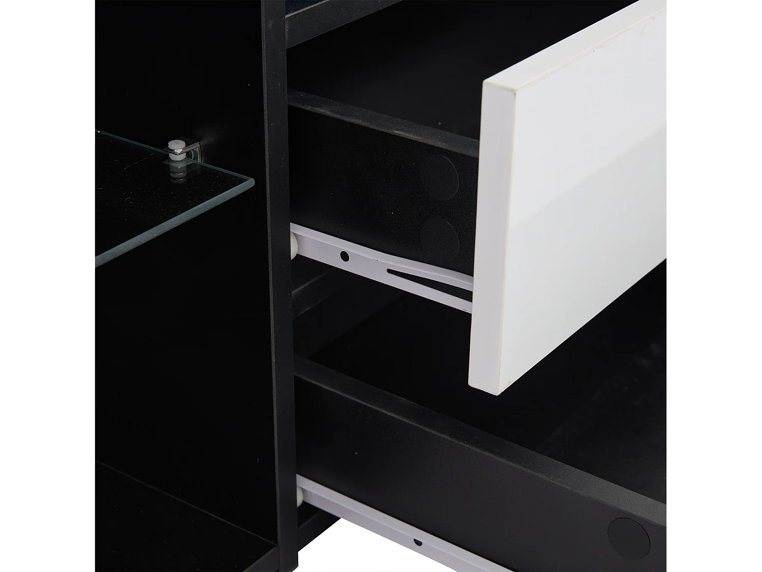 Meuble TV 180x40x45 cm LED salon avec 2 portes 2 tiroirs et rangement ouvert - bois - blanc et noir