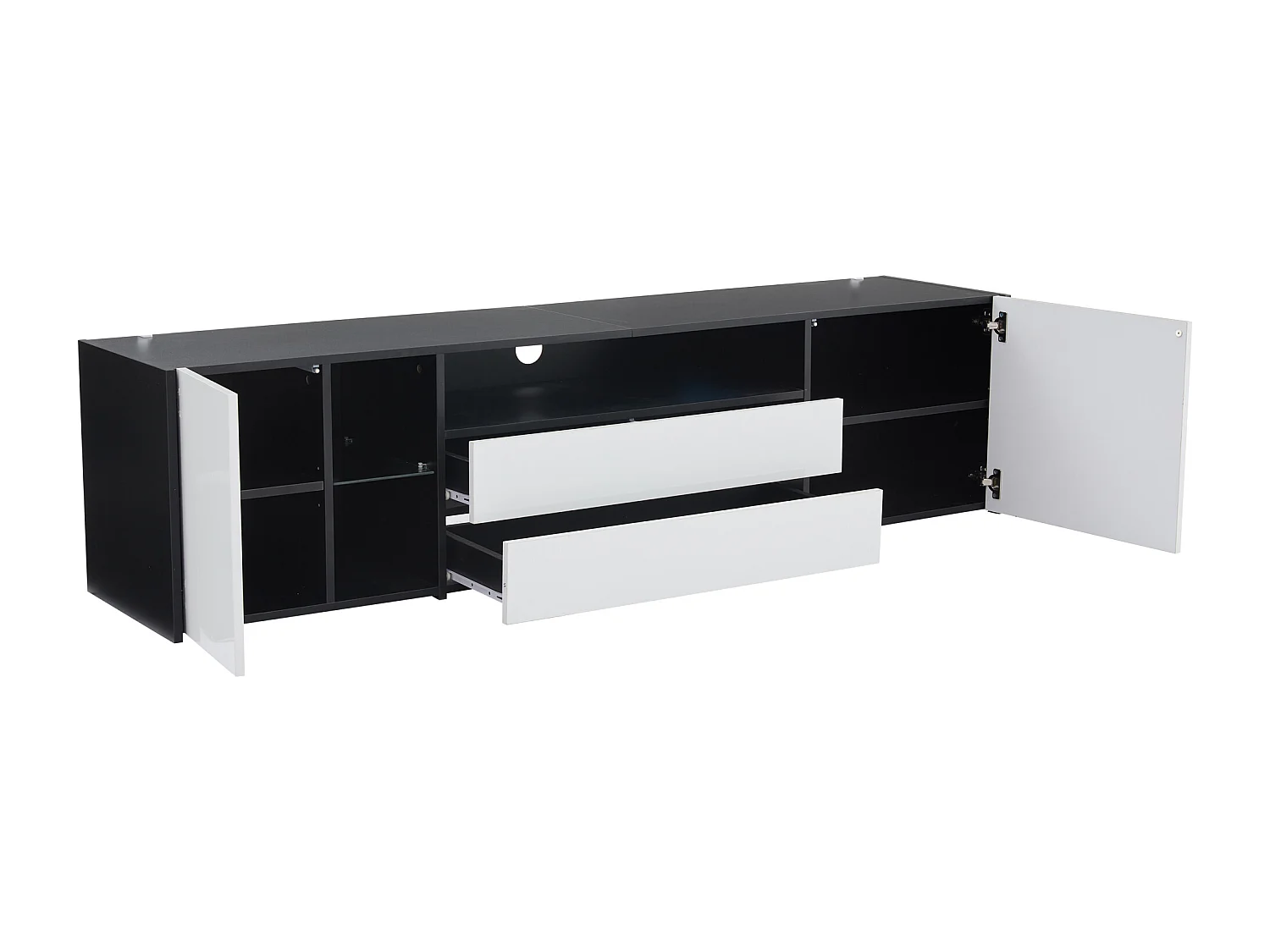 Meuble TV 180x40x45 cm LED salon avec 2 portes 2 tiroirs et rangement ouvert - bois - blanc et noir