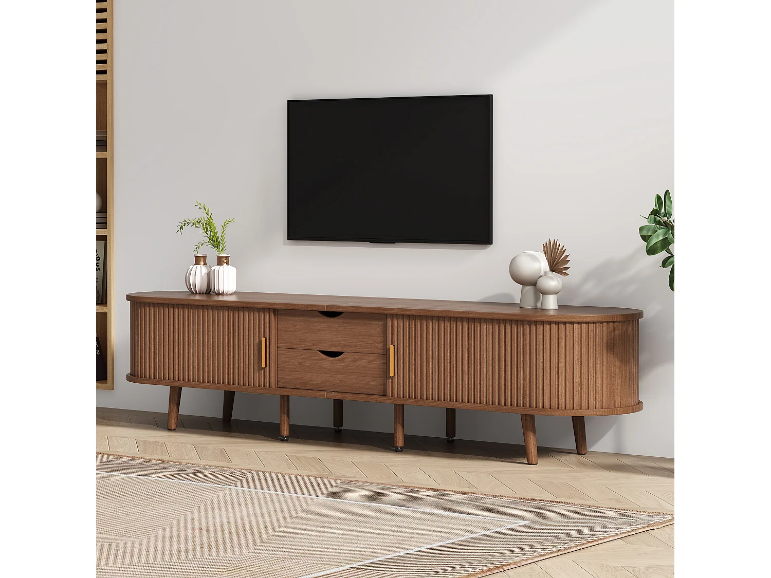 Meuble TV 175x40x42 cm, 2 tiroirs et 2 portes coulissantes, étagères réglables, MDF, noyer mat