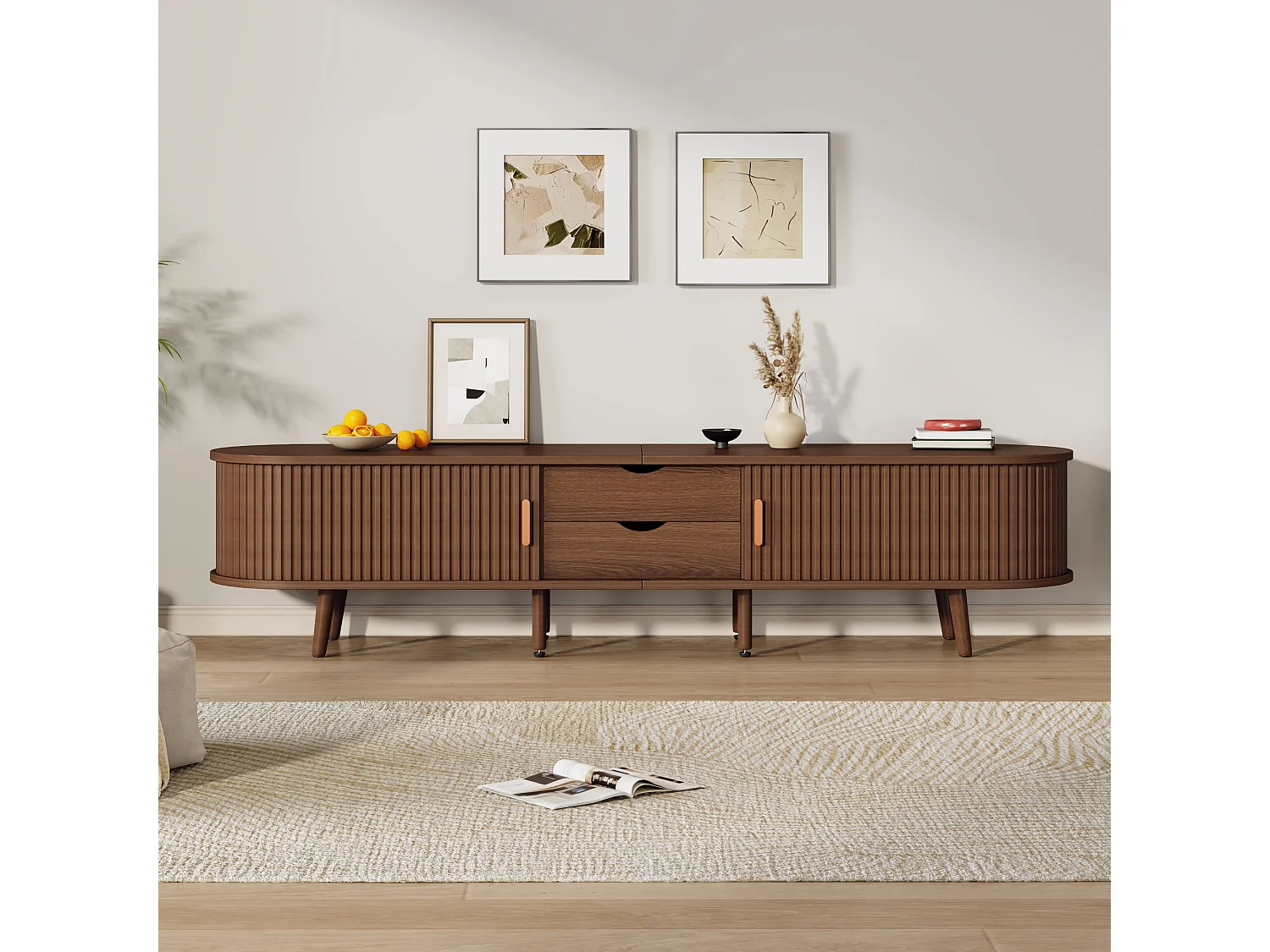 Meuble TV 175x40x42 cm, 2 tiroirs et 2 portes coulissantes, étagères réglables, MDF, noyer mat