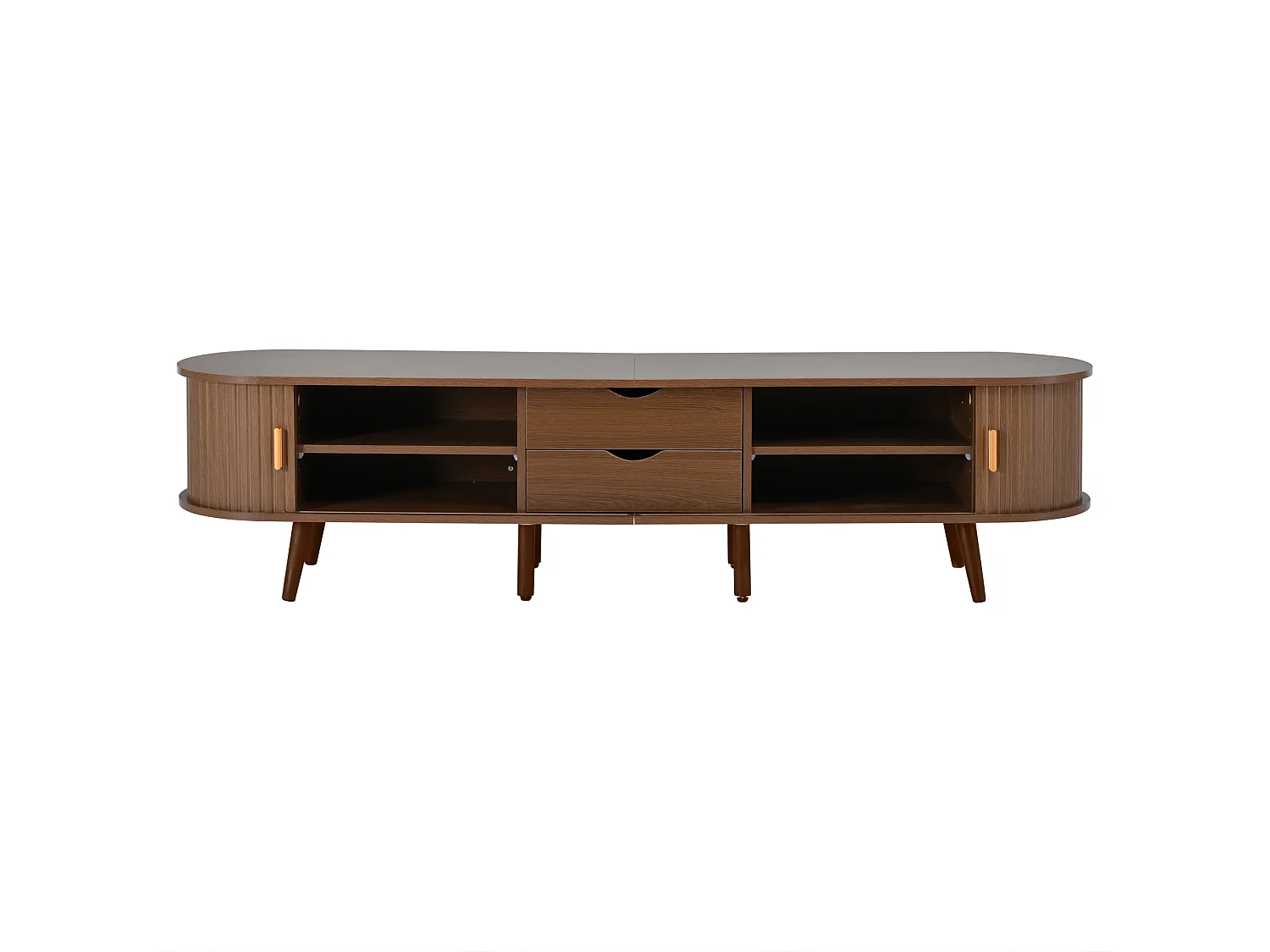 Meuble TV 175x40x42 cm, 2 tiroirs et 2 portes coulissantes, étagères réglables, MDF, noyer mat