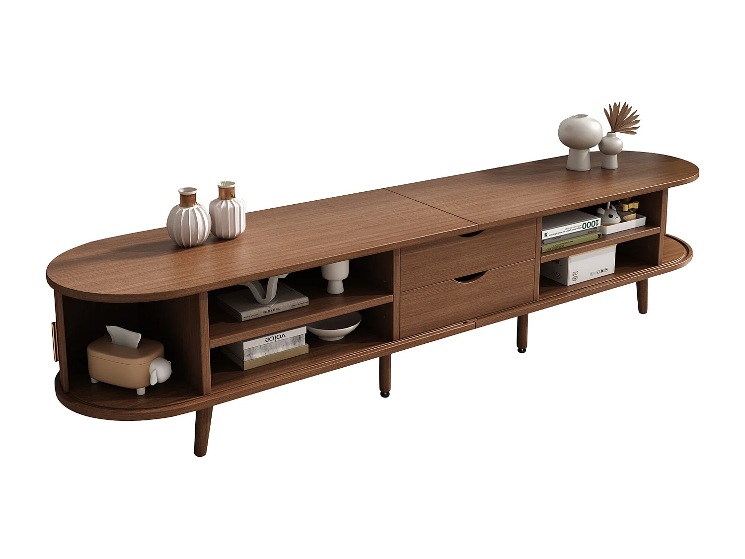 Meuble TV 175x40x42 cm, 2 tiroirs et 2 portes coulissantes, étagères réglables, MDF, noyer mat