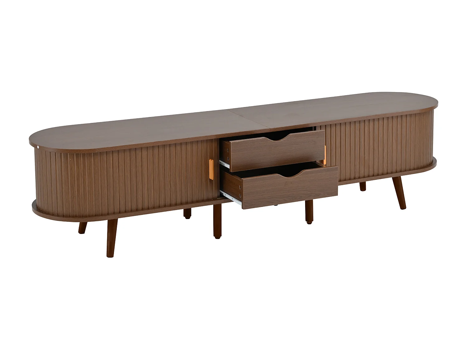Meuble TV 175x40x42 cm, 2 tiroirs et 2 portes coulissantes, étagères réglables, MDF, noyer mat