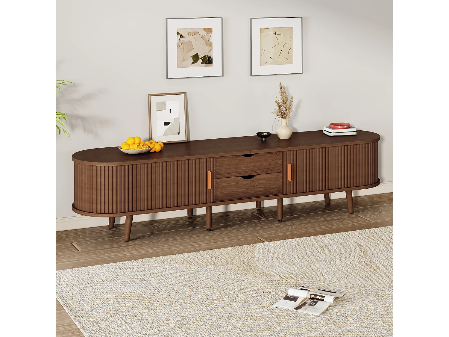 Meuble TV 175x40x42 cm, 2 tiroirs et 2 portes coulissantes, étagères réglables, MDF, noyer mat