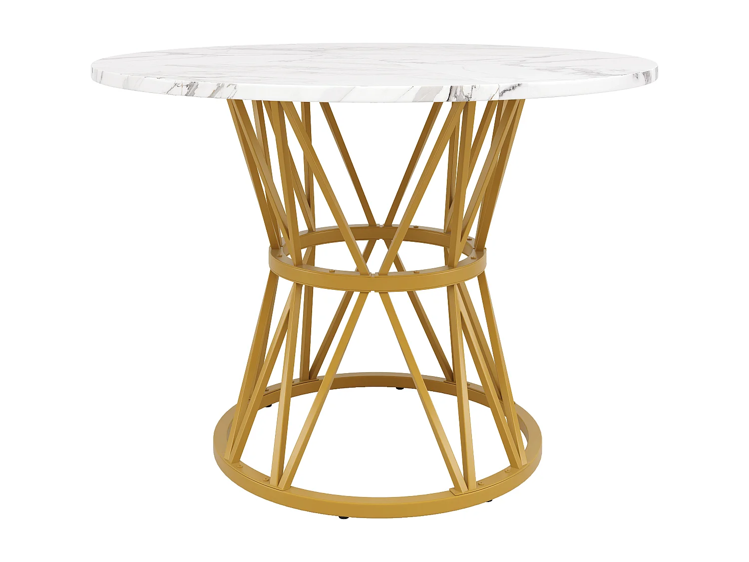 Table à manger ronde 100x100x76 cm, pieds réglables, plateau MDF aspect marbre, structure métallique dorée