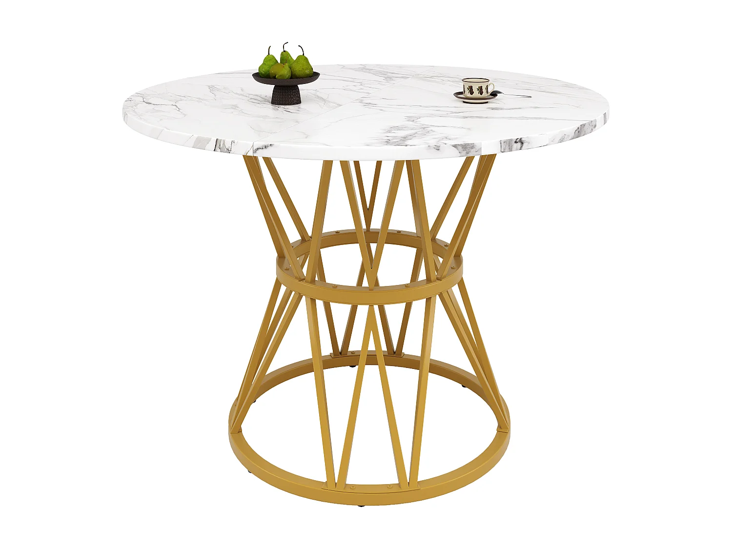 Table à manger ronde 100x100x76 cm, pieds réglables, plateau MDF aspect marbre, structure métallique dorée