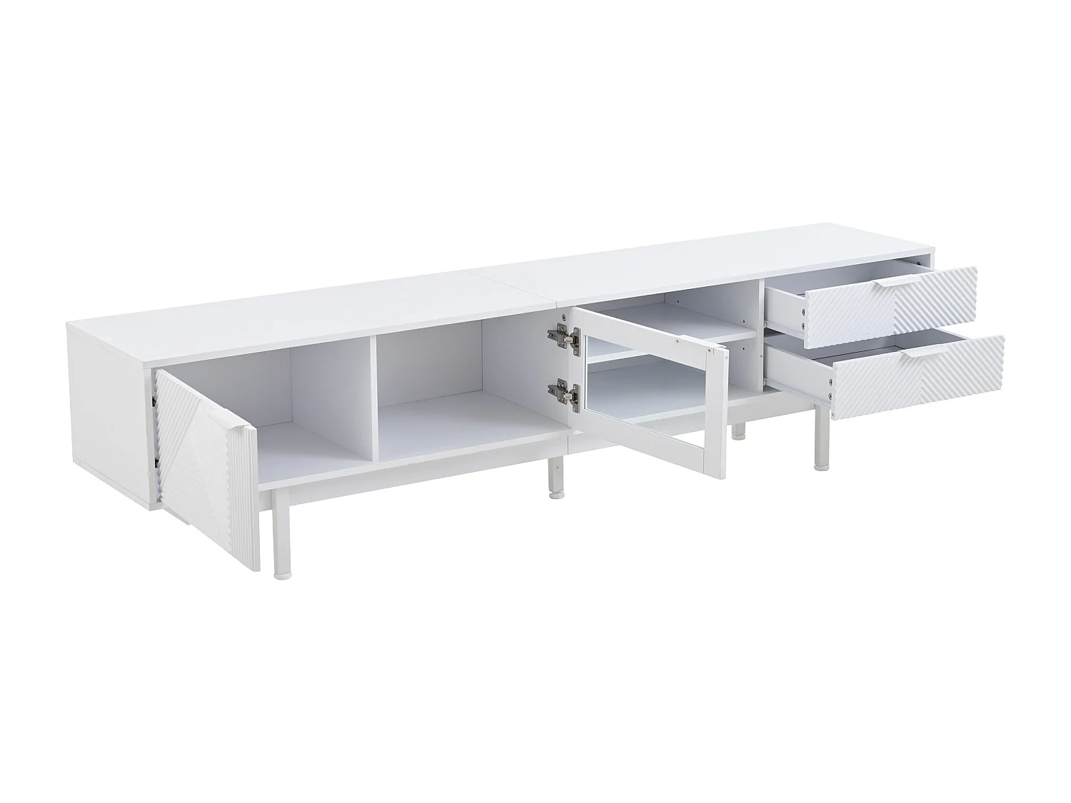 Meuble TV 200x40x50.5 cm avec 2 portes 2 tiroirs et rangement ouvert - verre décoratif - en bois - blanc