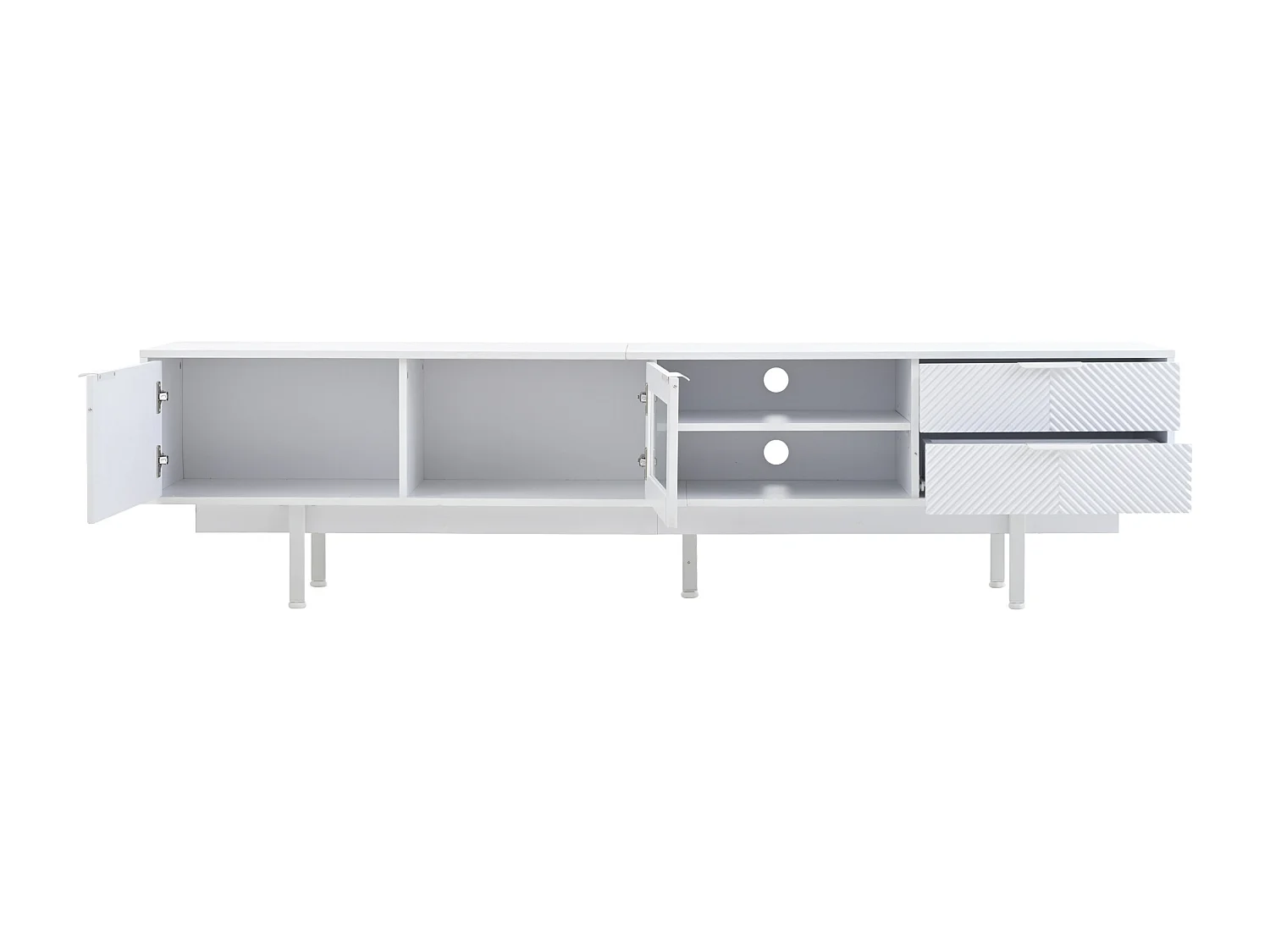 Meuble TV 200x40x50.5 cm, 2 portes et 2 tiroirs, rangements semi ouverts, panneau de particules blanc