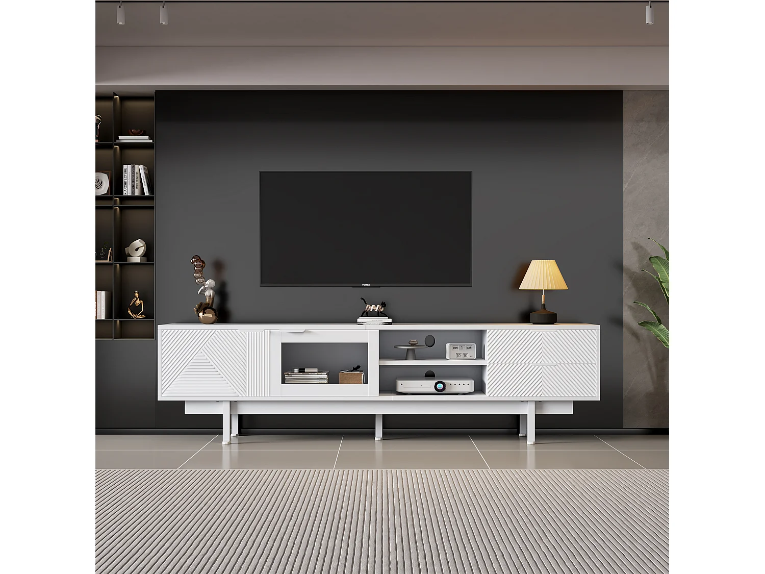Meuble TV 200x40x50.5 cm, 2 portes et 2 tiroirs, rangements semi ouverts, panneau de particules blanc