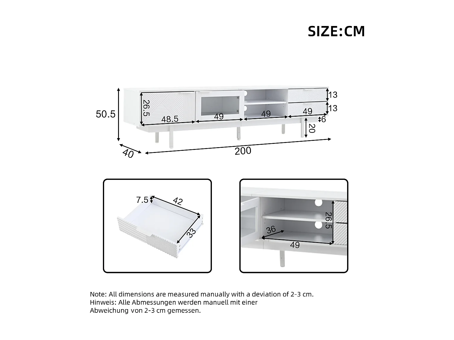Meuble TV 200x40x50.5 cm, 2 portes et 2 tiroirs, rangements semi ouverts, panneau de particules blanc