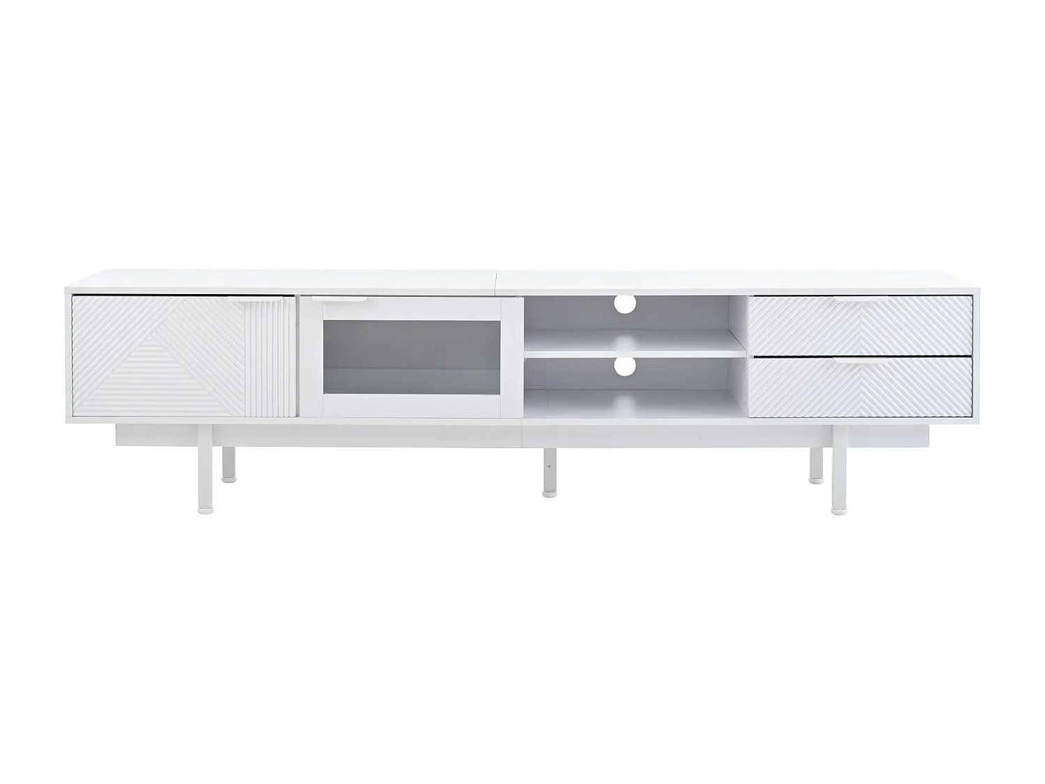 Meuble TV 200x40x50.5 cm, 2 portes et 2 tiroirs, rangements semi ouverts, panneau de particules blanc