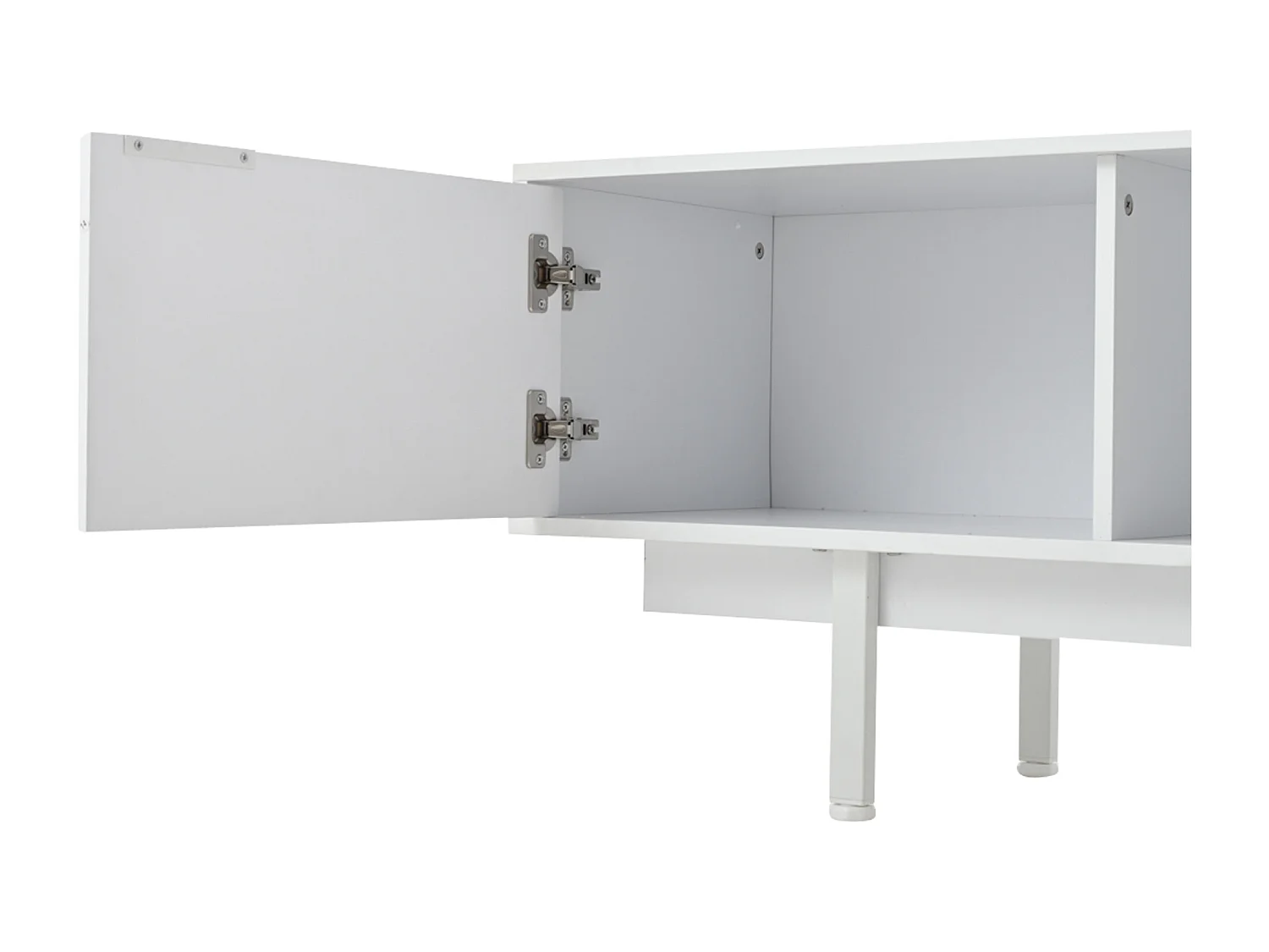 Meuble TV 200x40x50.5 cm, 2 portes et 2 tiroirs, rangements semi ouverts, panneau de particules blanc