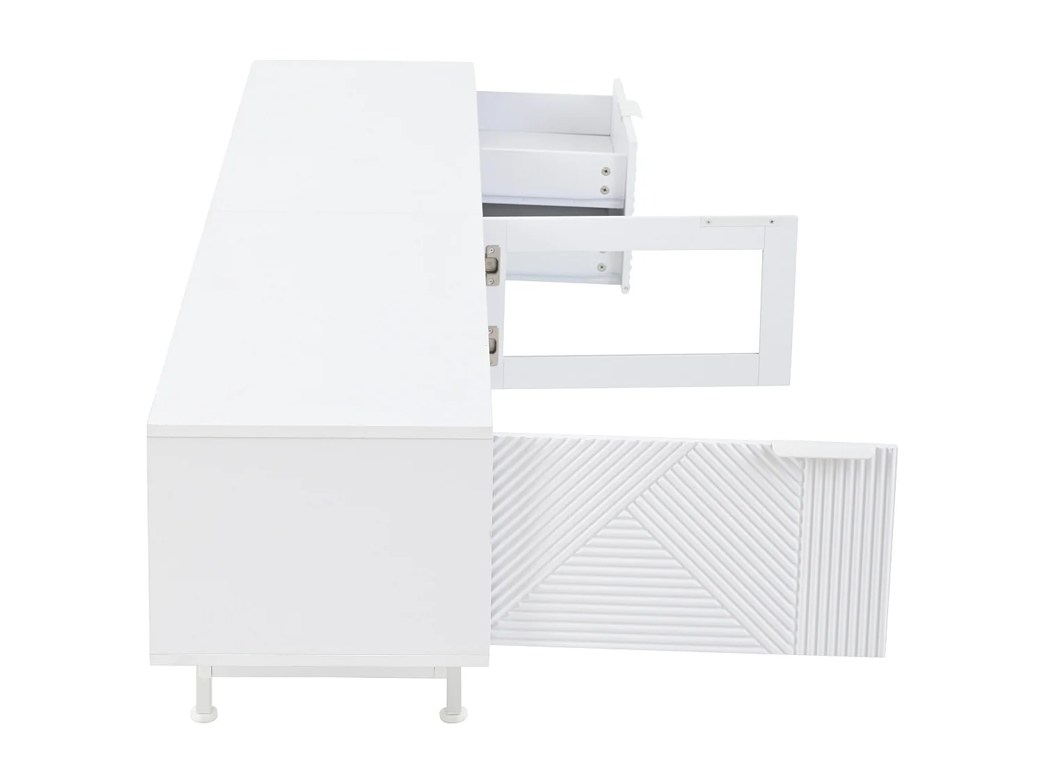 Meuble TV 200x40x50.5 cm, 2 portes et 2 tiroirs, rangements semi ouverts, panneau de particules blanc