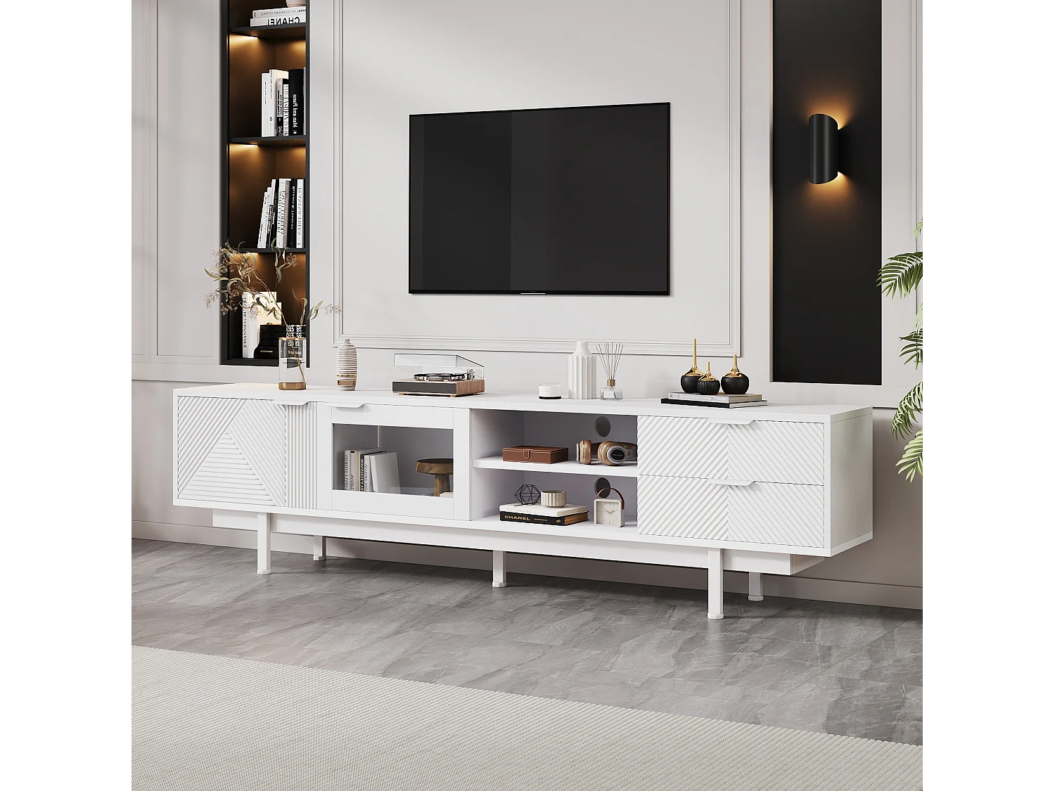 Meuble TV 200x40x50.5 cm, 2 portes et 2 tiroirs, rangements semi ouverts, panneau de particules blanc