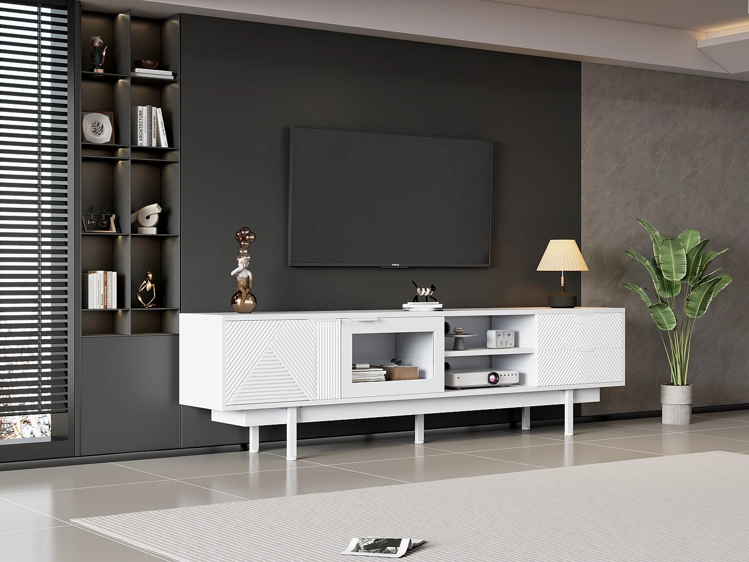 Meuble TV 200x40x50.5 cm, 2 portes et 2 tiroirs, rangements semi ouverts, panneau de particules blanc