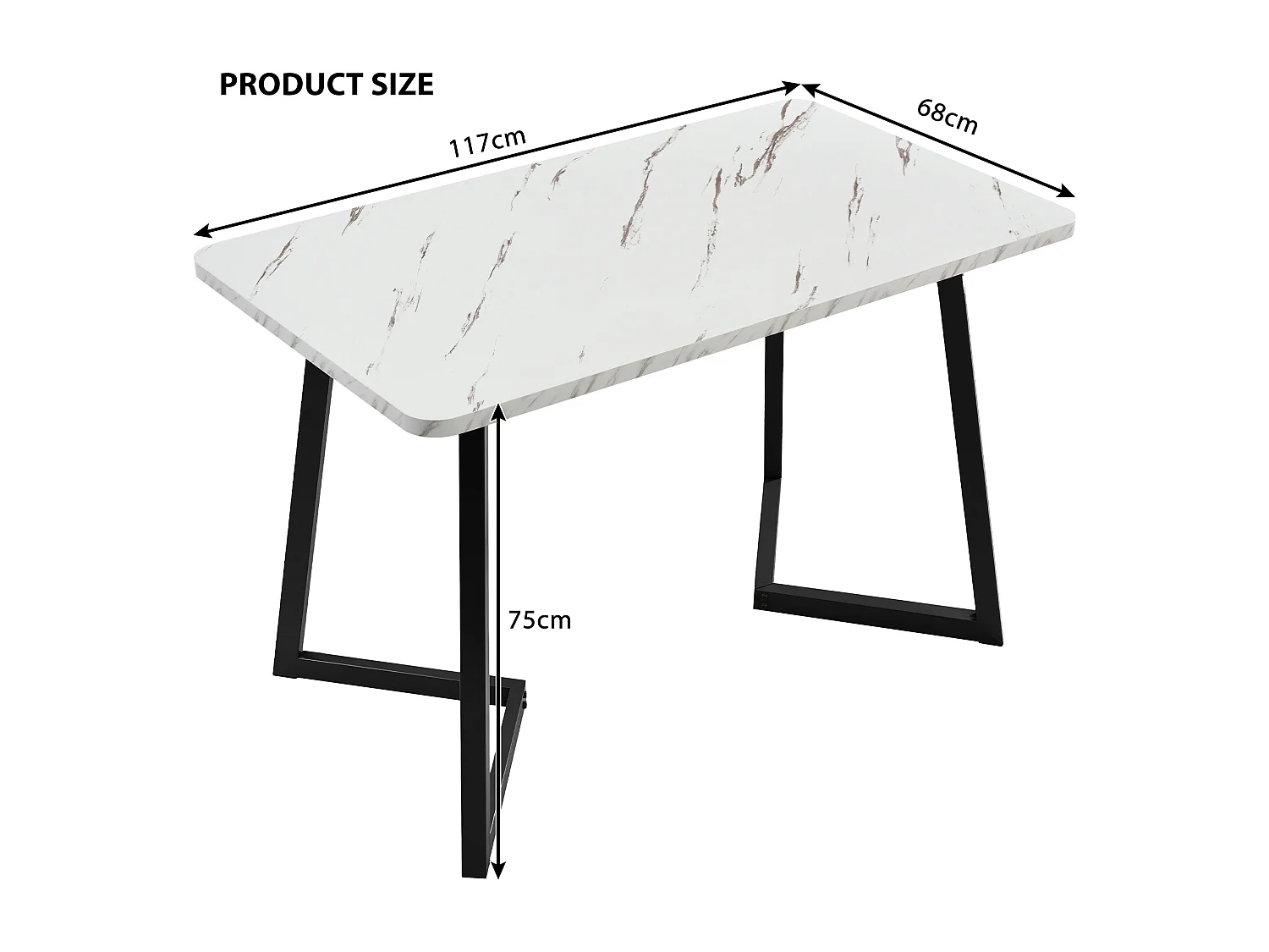 Table à manger 117x68x75 cm, effet marbre, design moderne, pieds en métal noir, MDF, blanc et noir