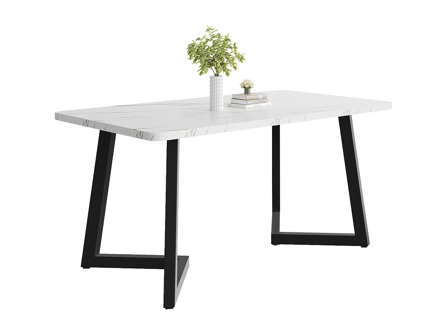 Table à manger 117x68x75 cm, effet marbre, design moderne, pieds en métal noir, MDF, blanc et noir