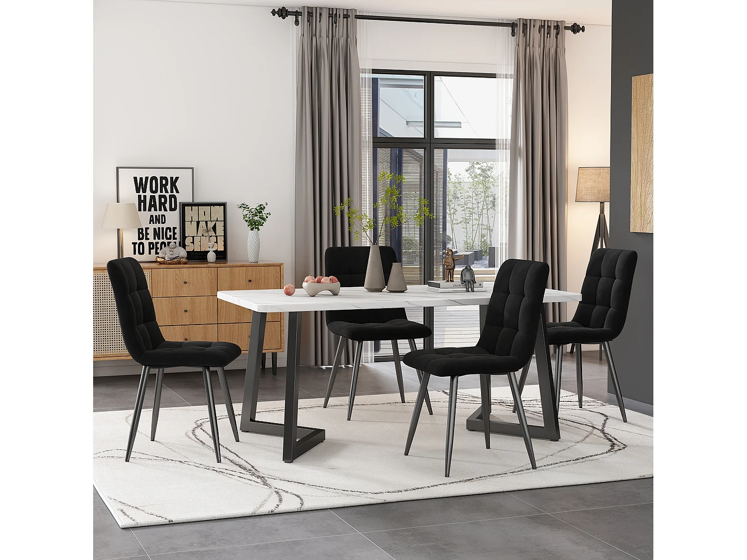 Table à manger 117x68x75 cm, effet marbre, design moderne, pieds en métal noir, MDF, blanc et noir