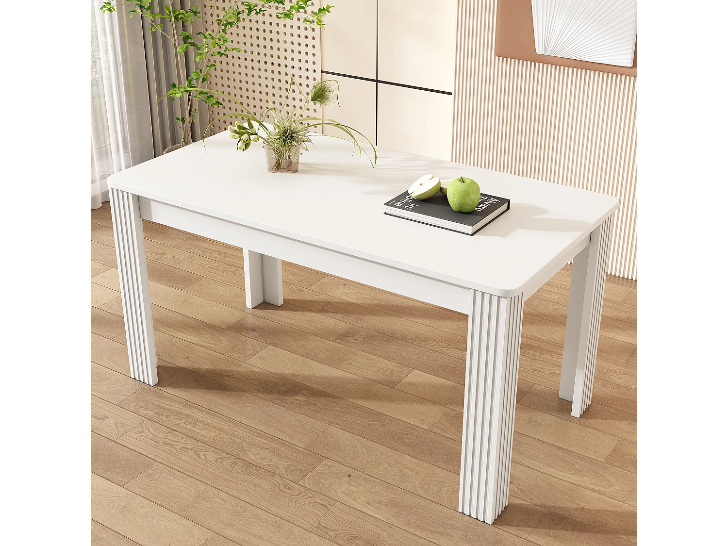 Table à manger, grand plateau, structure stable à quatre pieds, panneau de particules blanc