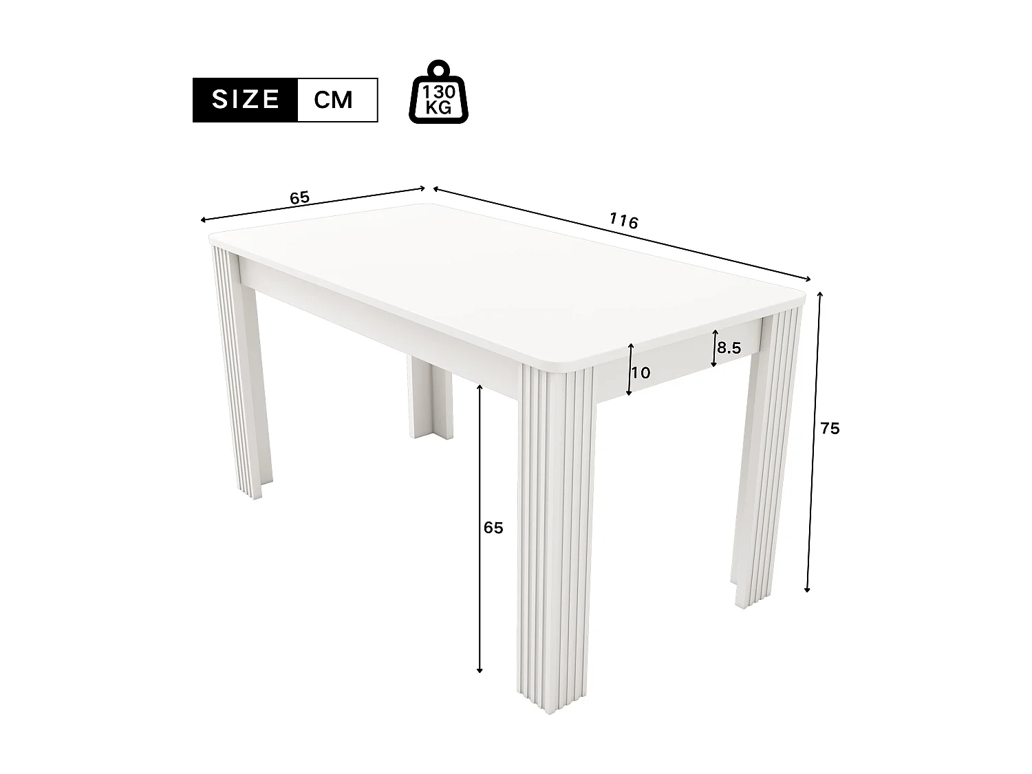 Table à manger, grand plateau, structure stable à quatre pieds, panneau de particules blanc