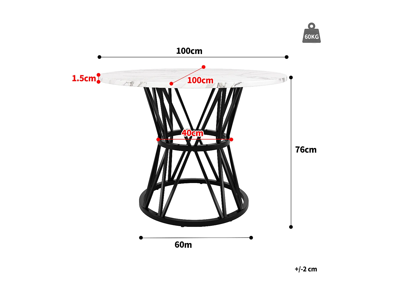 Table à manger ronde 100x100x76 cm pour 4 personnes - pied en métal noir - plateau mdf motif marbre blanc