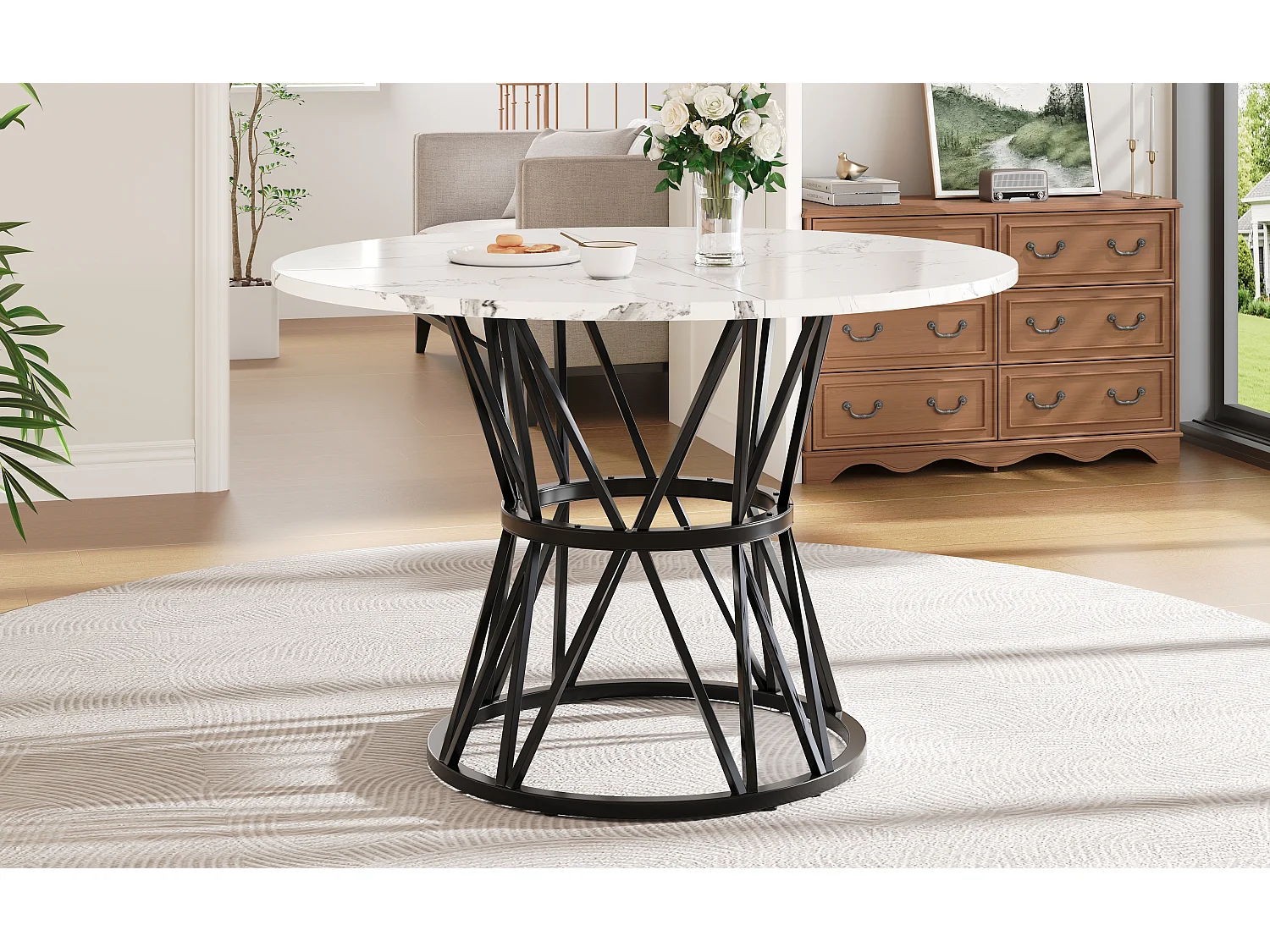 Table à manger ronde 100x100x76 cm, pieds réglables, structure stable, plateau MDF effet marbre, noir