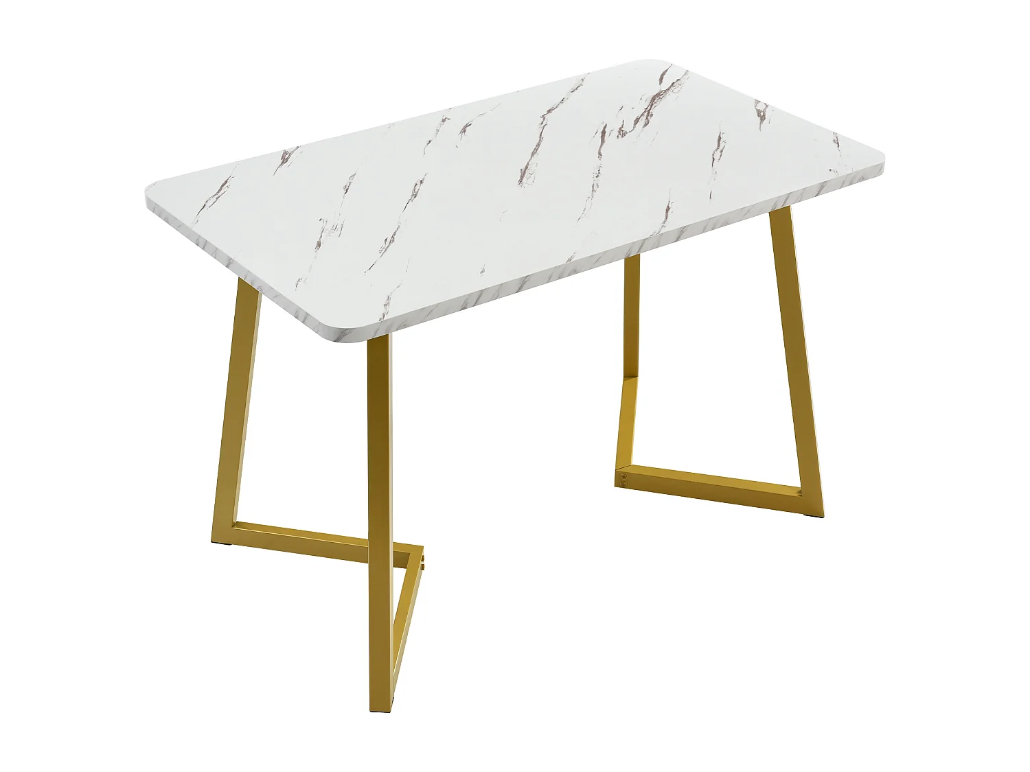 Table à manger 117x68x75 cm, effet marbre, pieds en fer dorés, MDF, blanc et doré