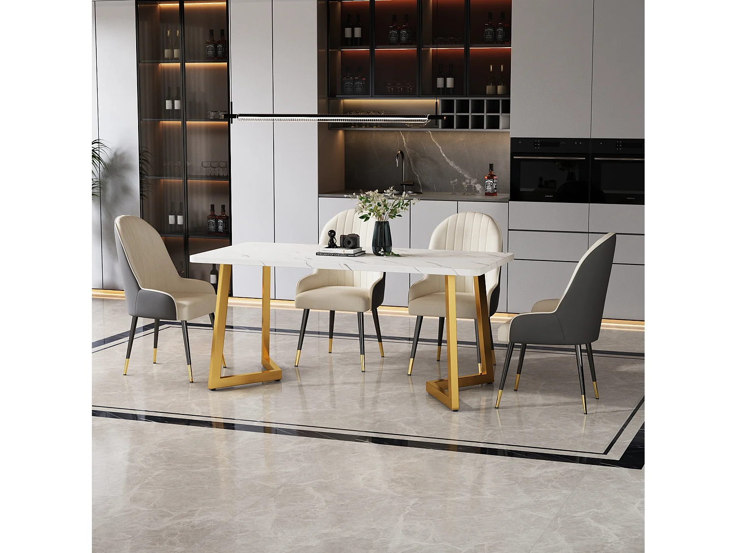 Table à manger 117x68x75 cm, effet marbre, pieds en fer dorés, MDF, blanc et doré