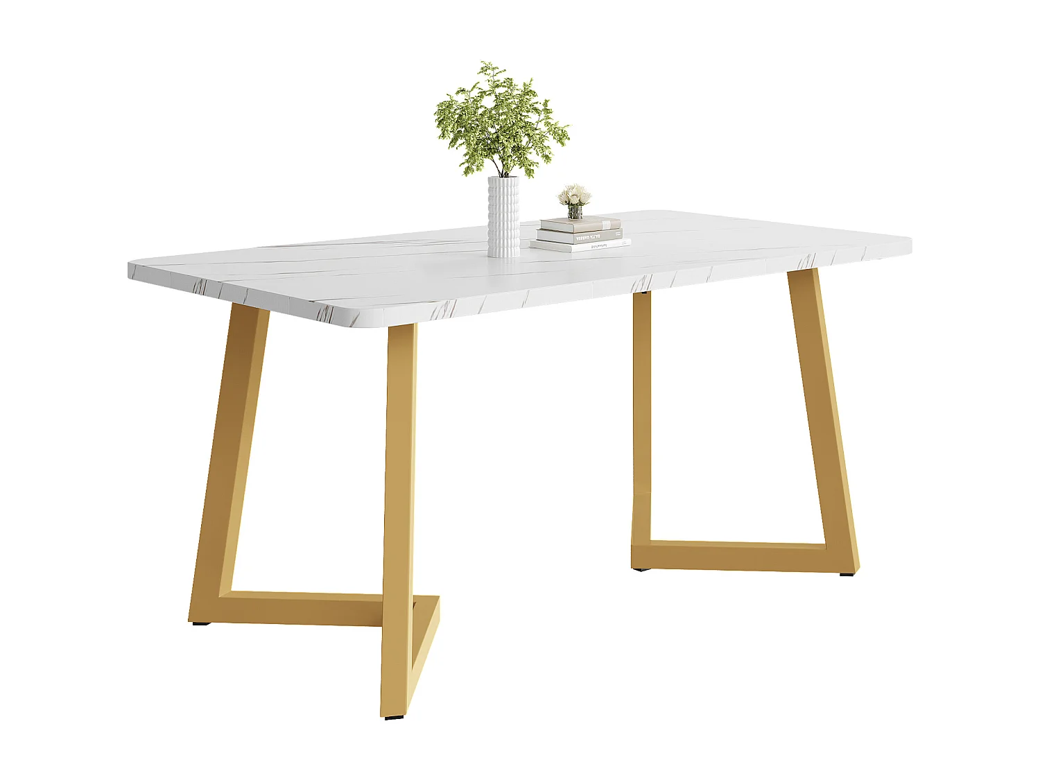 Table à manger 117x68x75 cm, effet marbre, pieds en fer dorés, MDF, blanc et doré