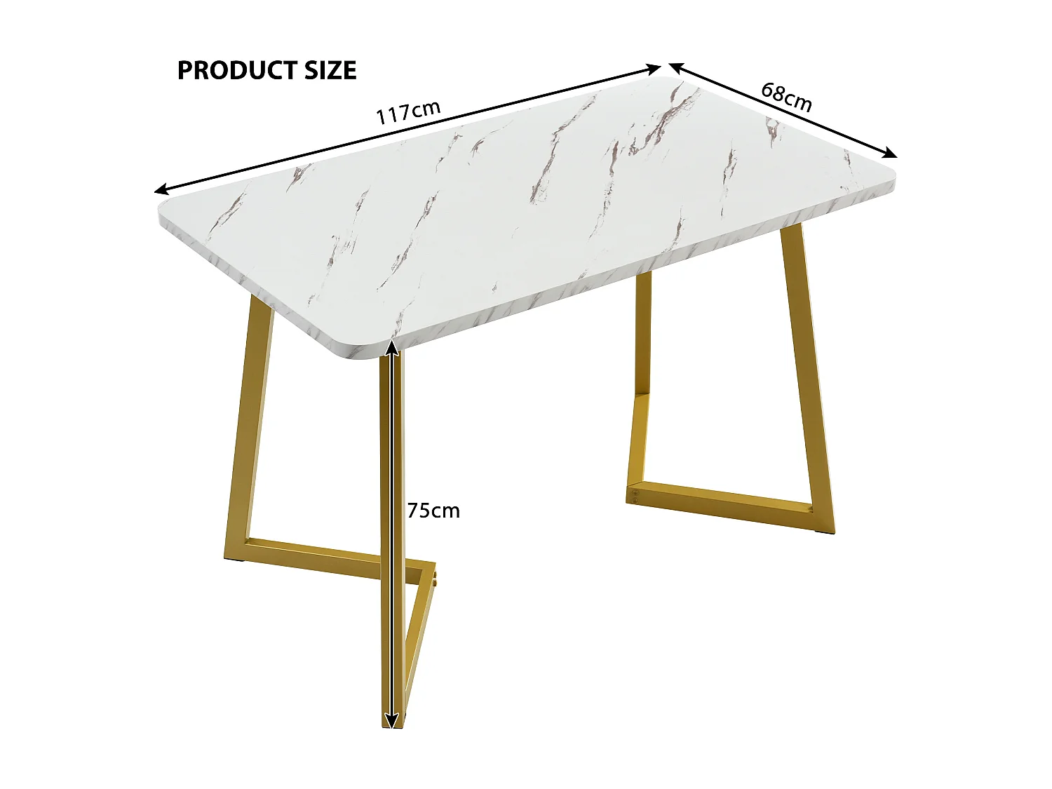 Table à manger 117x68x75 cm, effet marbre, pieds en fer dorés, MDF, blanc et doré