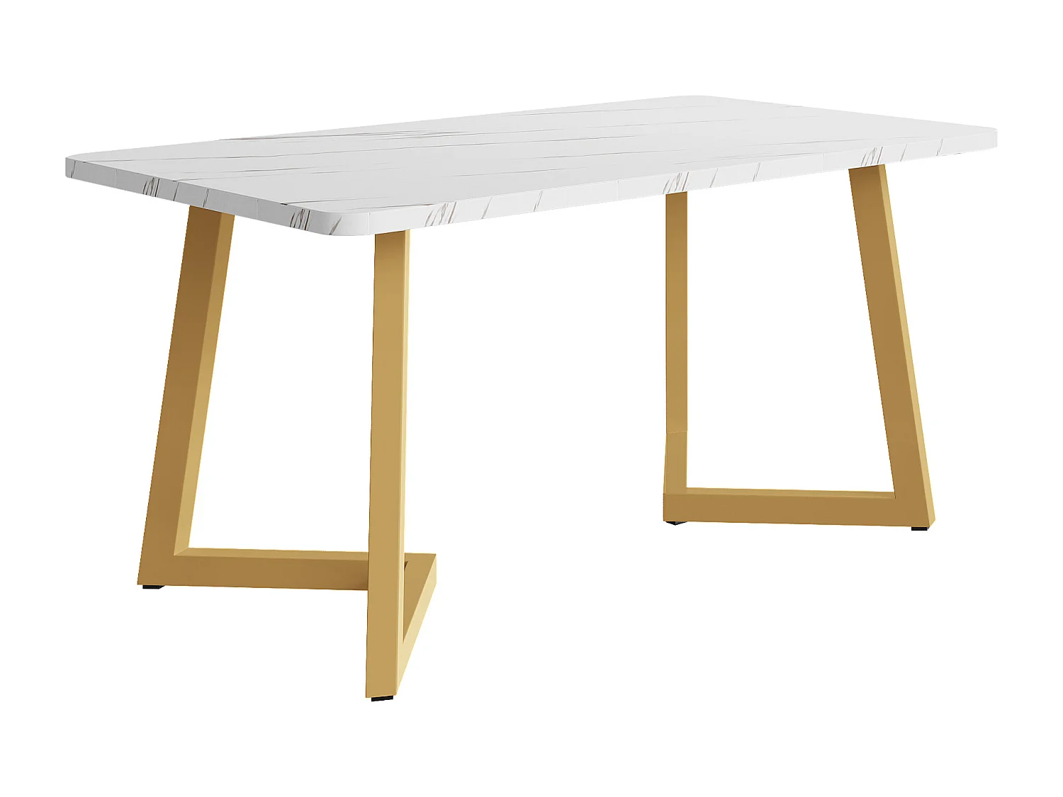 Table à manger 117x68x75 cm, effet marbre, pieds en fer dorés, MDF, blanc et doré