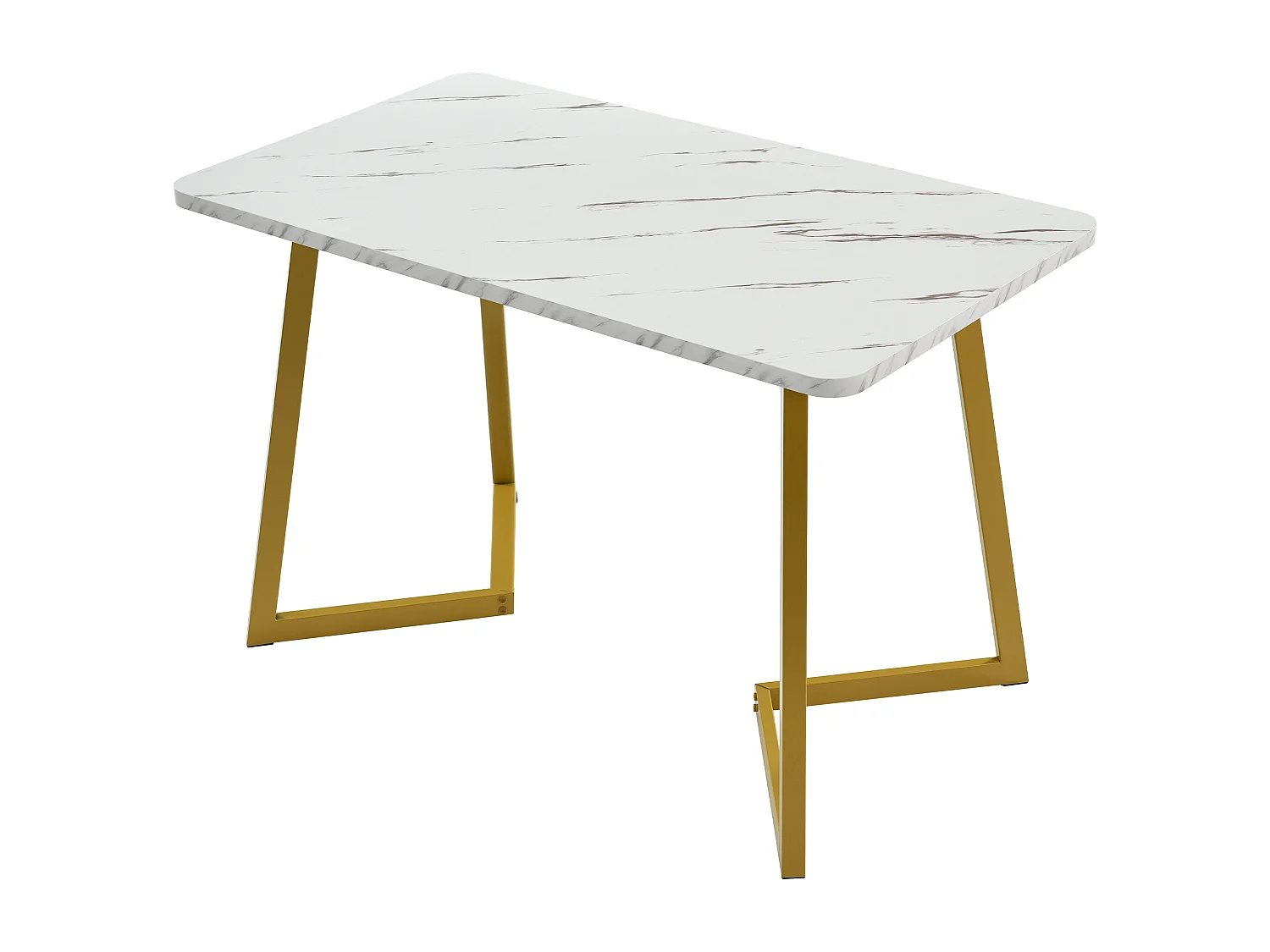 Table à manger 117x68x75 cm, effet marbre, pieds en fer dorés, MDF, blanc et doré