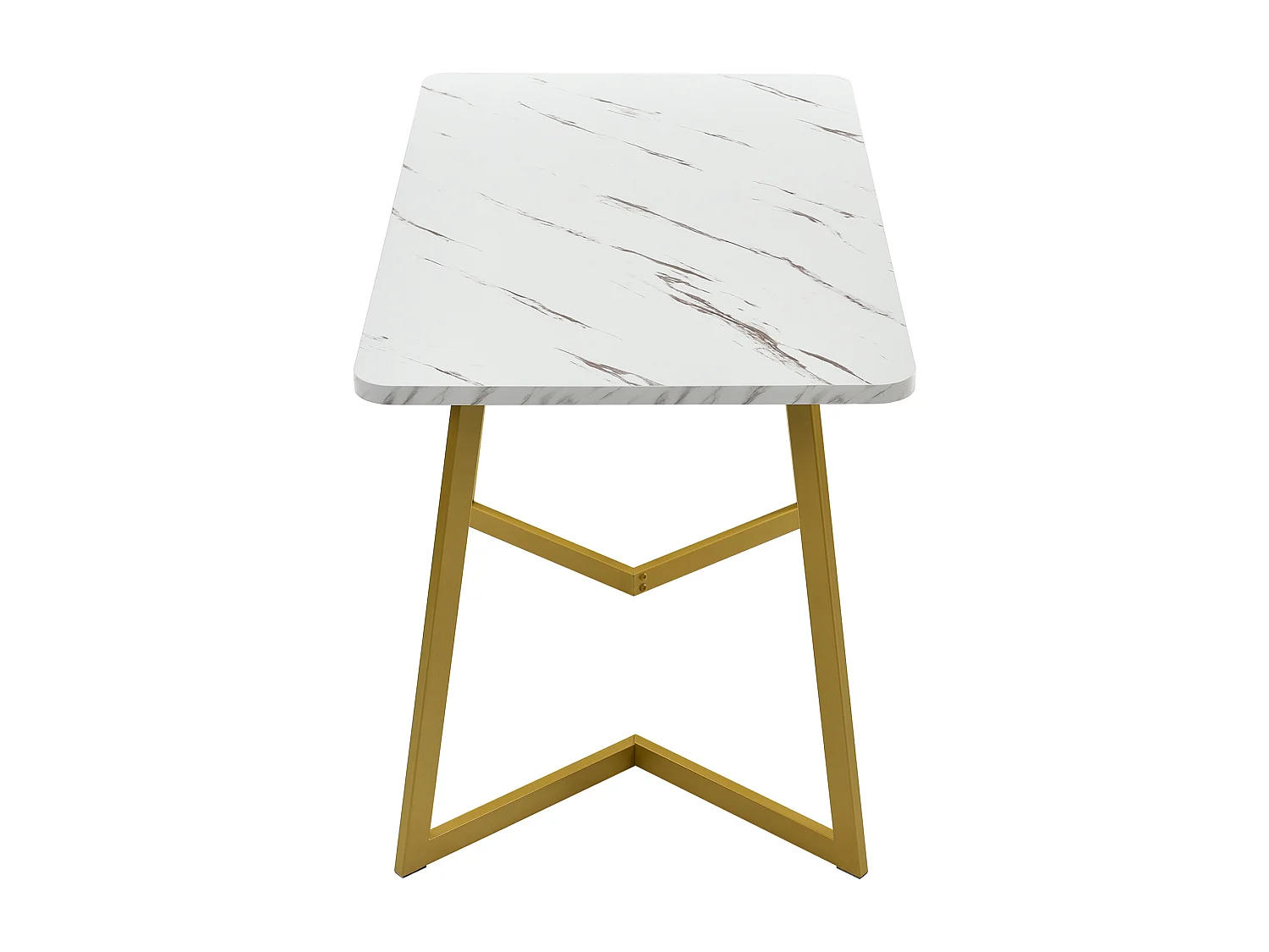 Table à manger 117x68x75 cm, effet marbre, pieds en fer dorés, MDF, blanc et doré