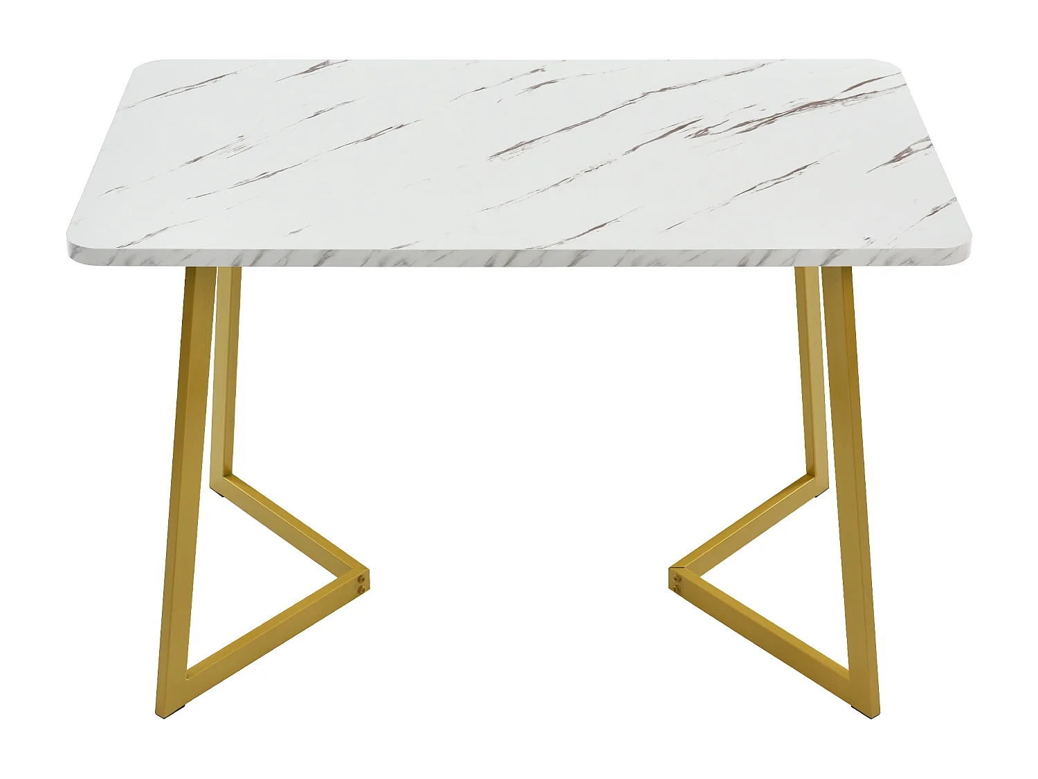 Table à manger 117x68x75 cm, effet marbre, pieds en fer dorés, MDF, blanc et doré