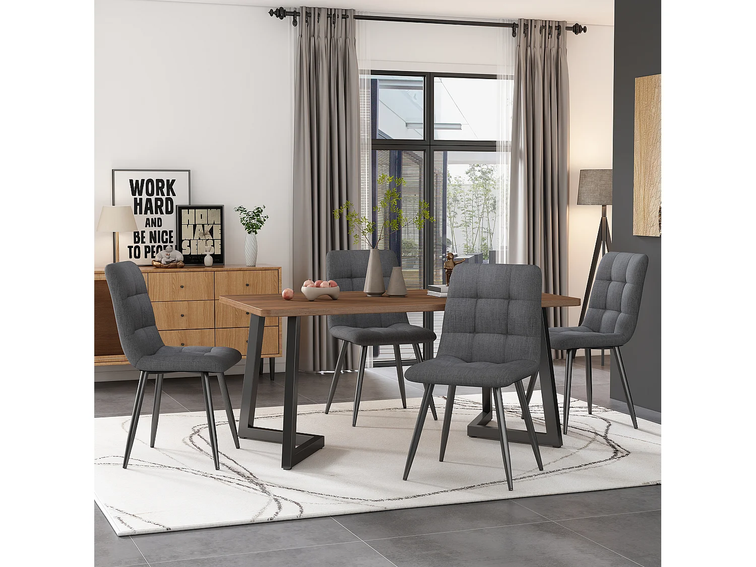 Table à manger 117x68x75 cm, rectangulaire, pieds en métal, MDF décor bois, noir et noyer