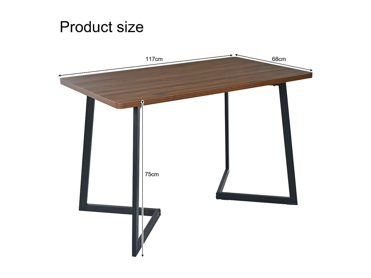 Table à manger 117x68x75 cm, rectangulaire, pieds en métal, MDF décor bois, noir et noyer