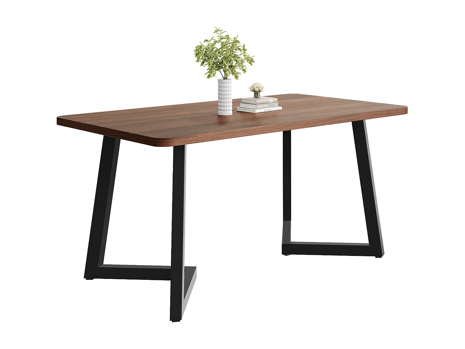 Table à manger 117x68x75 cm, rectangulaire, pieds en métal, MDF décor bois, noir et noyer