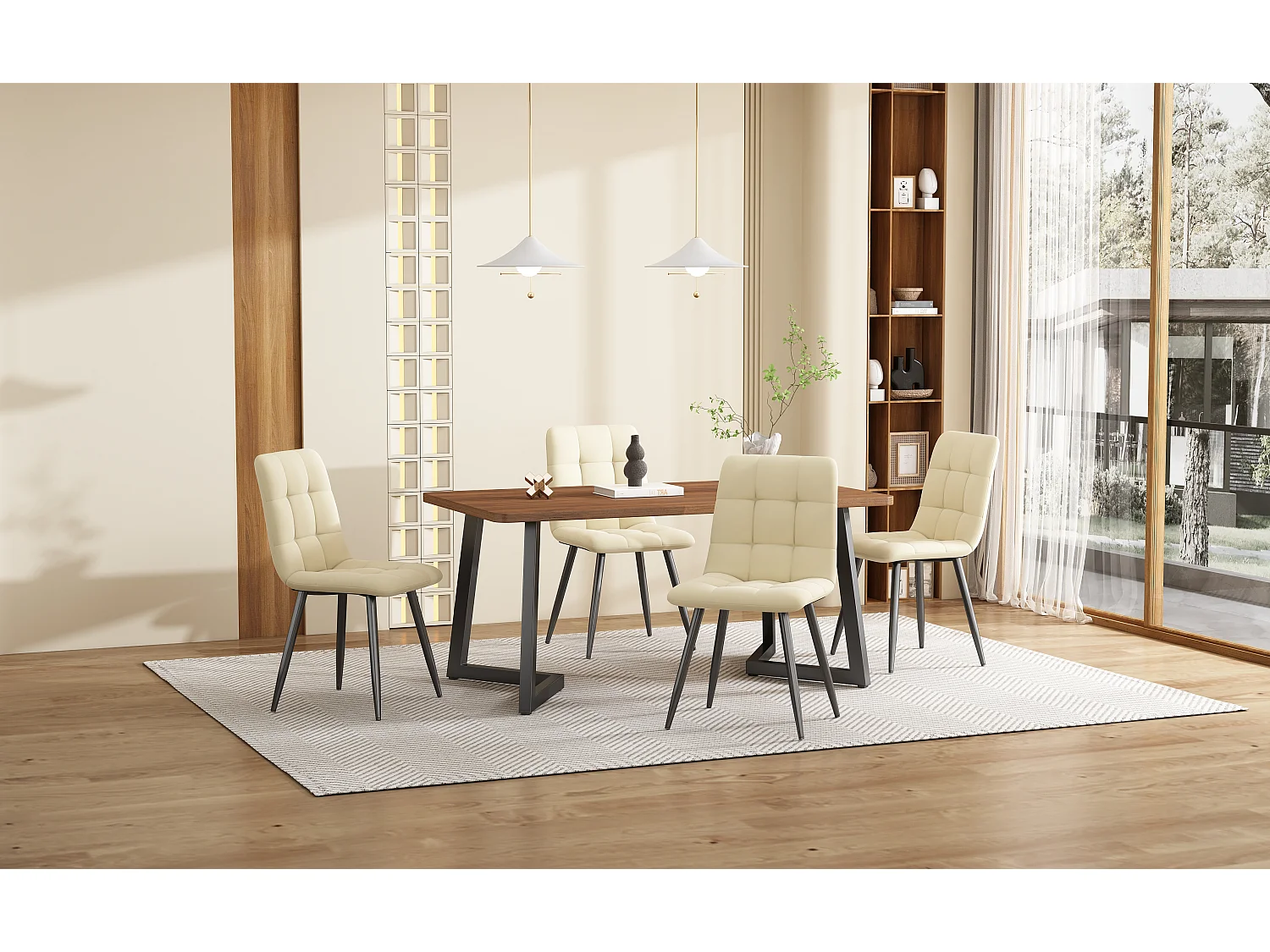Table à manger 117x68x75 cm, rectangulaire, pieds en métal, MDF décor bois, noir et noyer