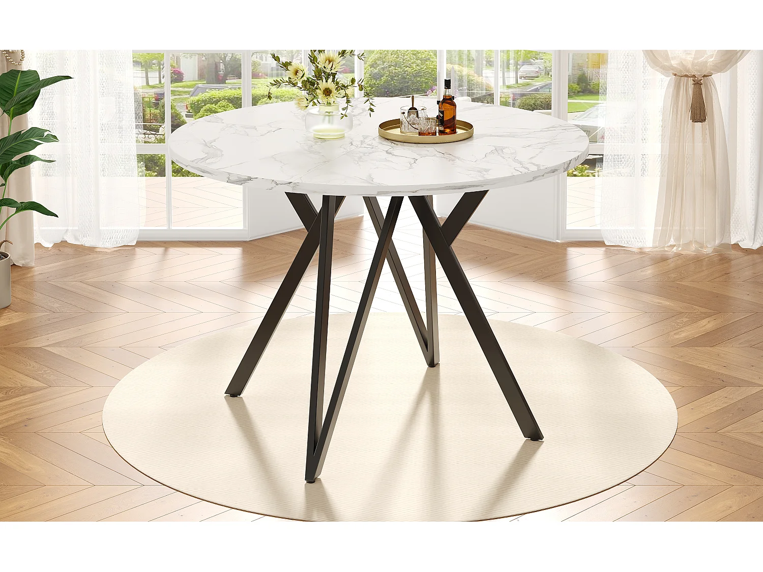 Table à manger ronde 100x100x76 cm, pieds réglables, structure stable, MDF imitation marbre noir