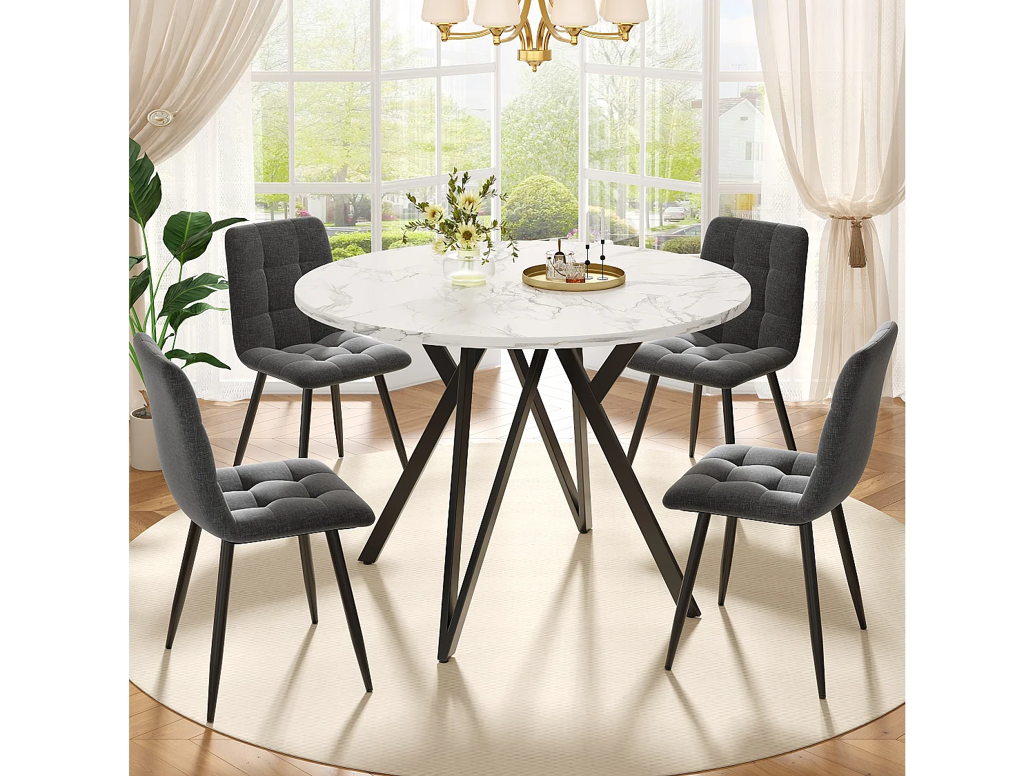 Table à manger ronde 100x100x76 cm, pieds réglables, structure stable, MDF imitation marbre noir