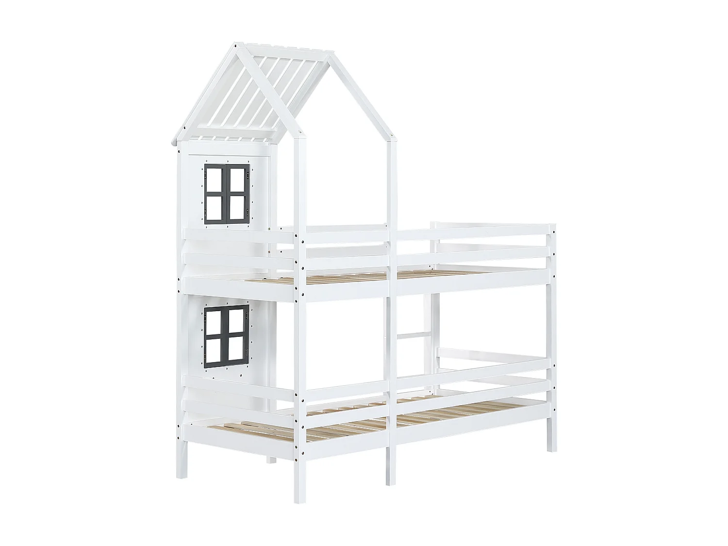 Lit superposé enfant 90x200 cm avec fenêtres ouvrantes et barrières, rangement, bois et MDF blanc et gris (Sans matelas)
