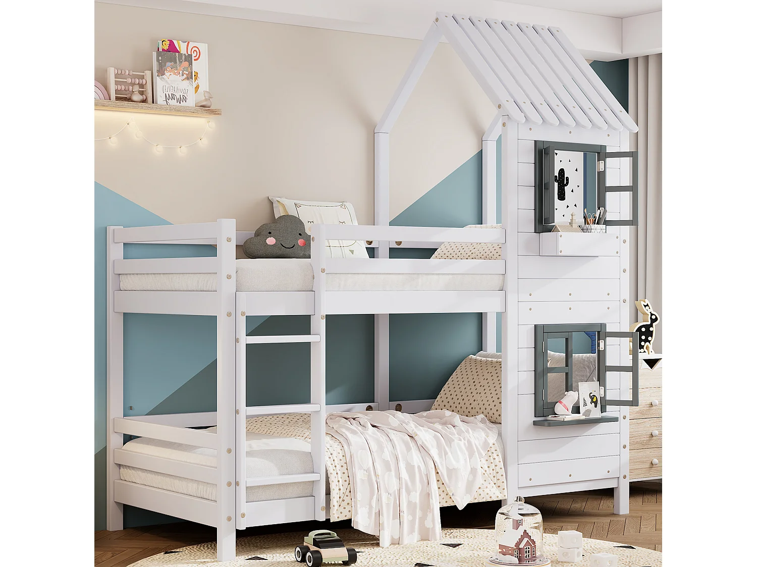 Lit superposé enfant 90x200 cm avec fenêtres ouvrantes et barrières, rangement, bois et MDF blanc et gris (Sans matelas)