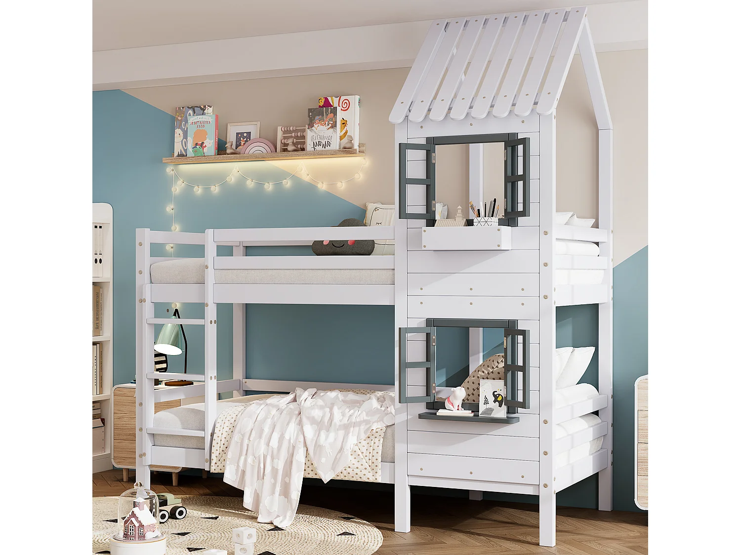 Lit superposé enfant 90x200 cm avec fenêtres ouvrantes et barrières, rangement, bois et MDF blanc et gris (Sans matelas)