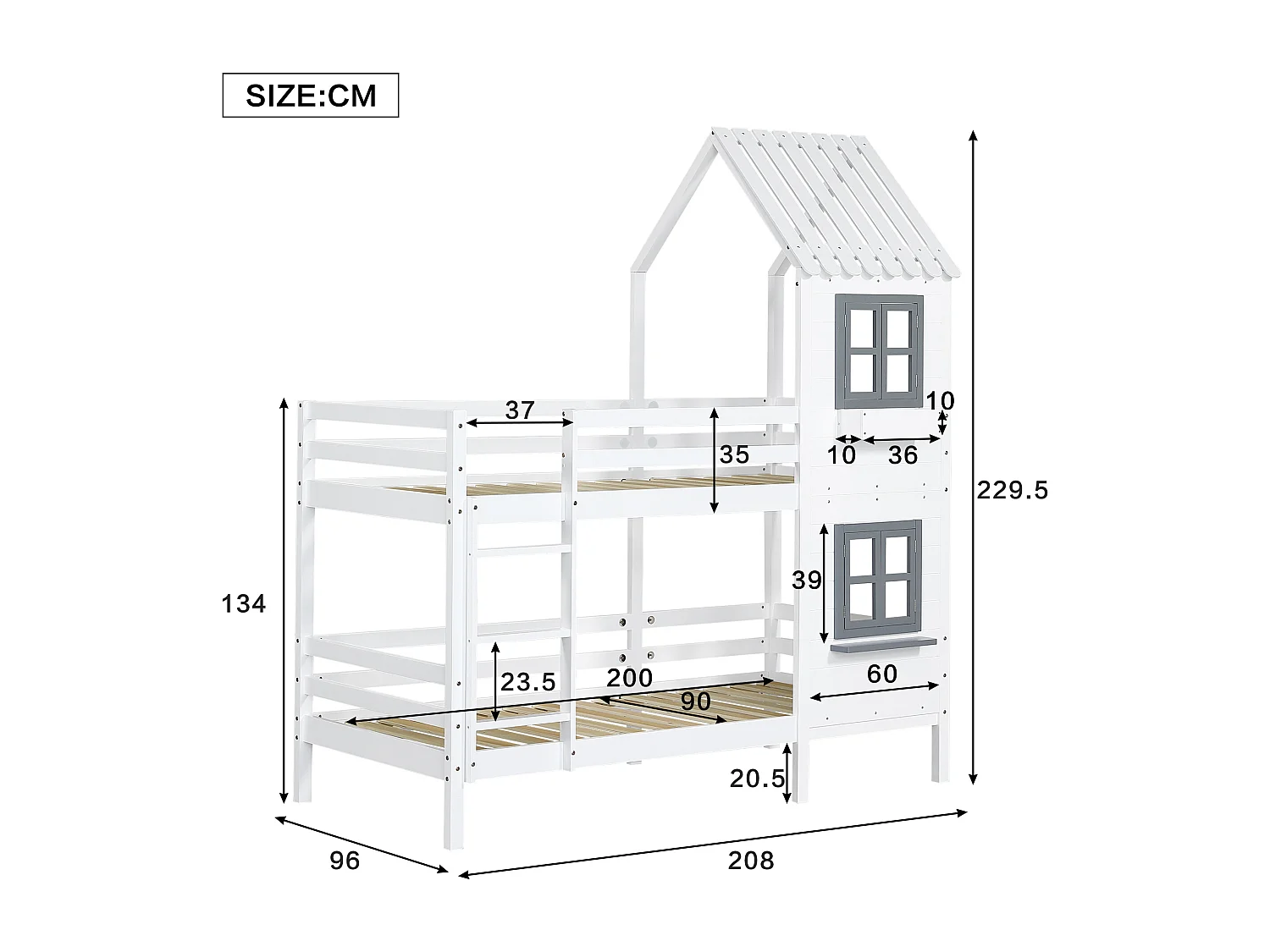 Lit superposé enfant 90x200 cm avec fenêtres ouvrantes et barrières, rangement, bois et MDF blanc et gris (Sans matelas)