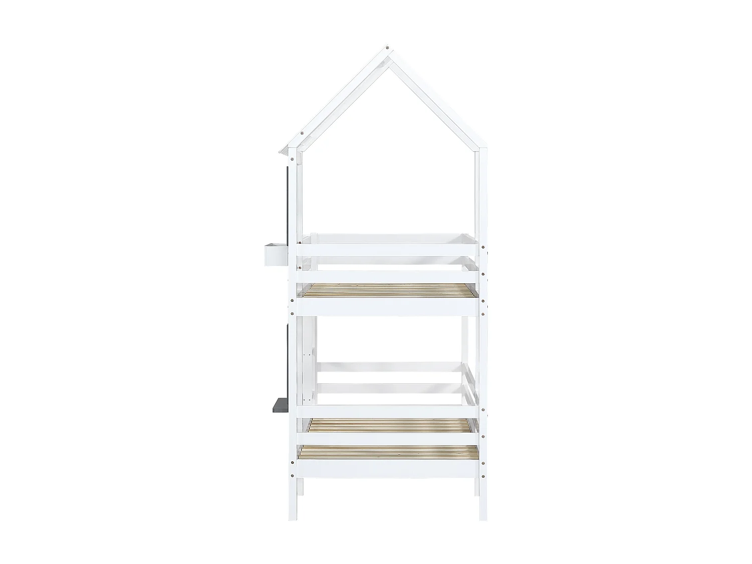 Lit superposé enfant 90x200 cm avec fenêtres ouvrantes et barrières, rangement, bois et MDF blanc et gris (Sans matelas)