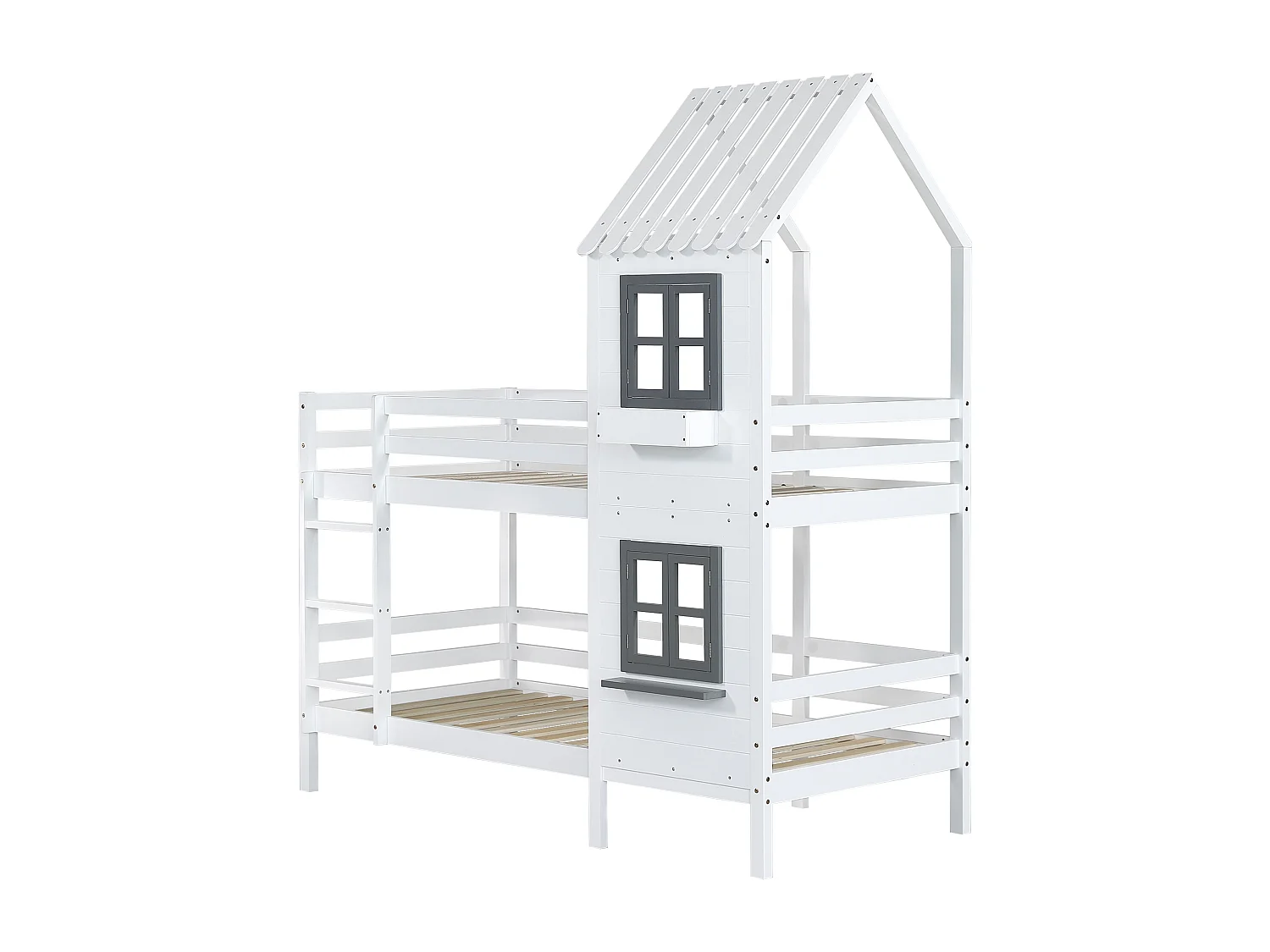 Lit superposé enfant 90x200 cm avec fenêtres ouvrantes et barrières, rangement, bois et MDF blanc et gris (Sans matelas)