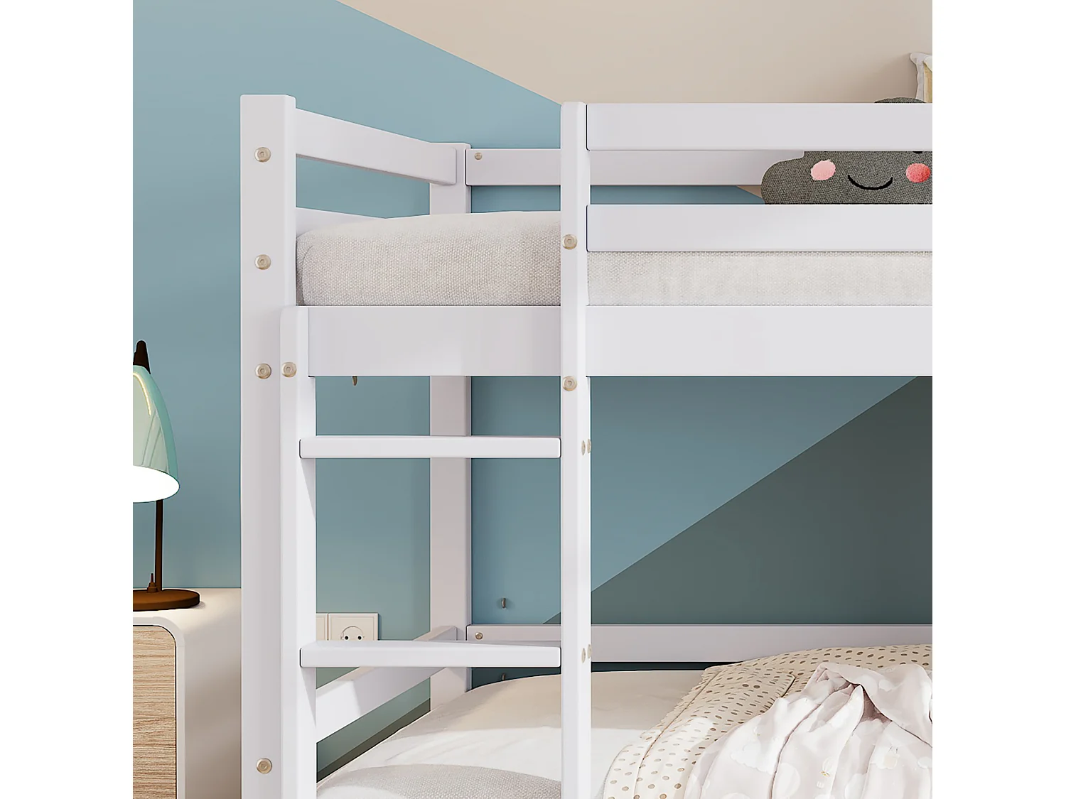Lit superposé enfant 90x200 cm avec fenêtres ouvrantes et barrières, rangement, bois et MDF blanc et gris (Sans matelas)