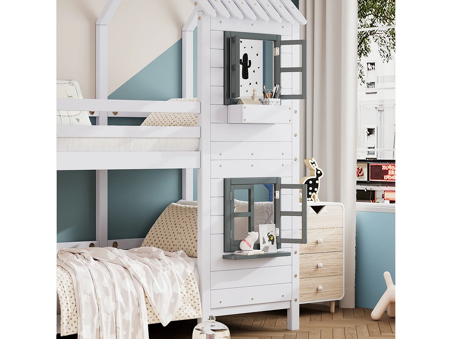 Lit superposé enfant 90x200 cm avec fenêtres ouvrantes et barrières, rangement, bois et MDF blanc et gris (Sans matelas)