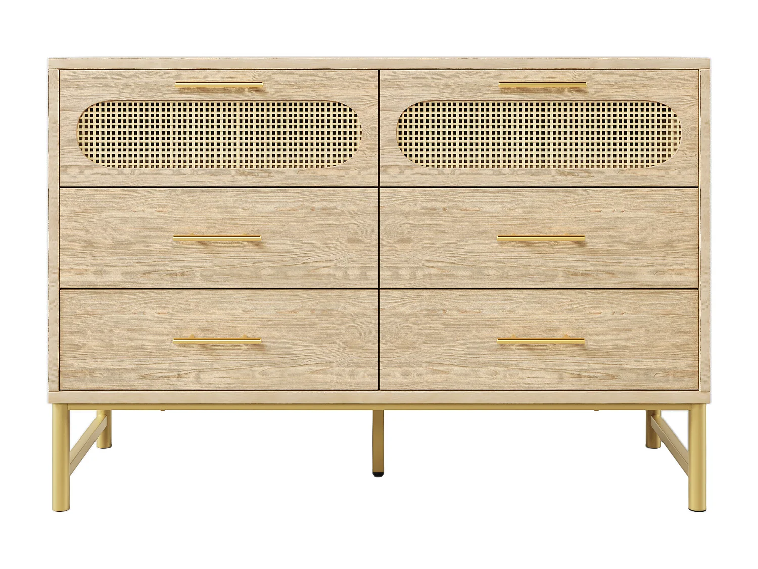 Buffet 120x40x74 cm avec 6 tiroirs - meuble de rangement en bois design rotin - poignées métalliques - chêne