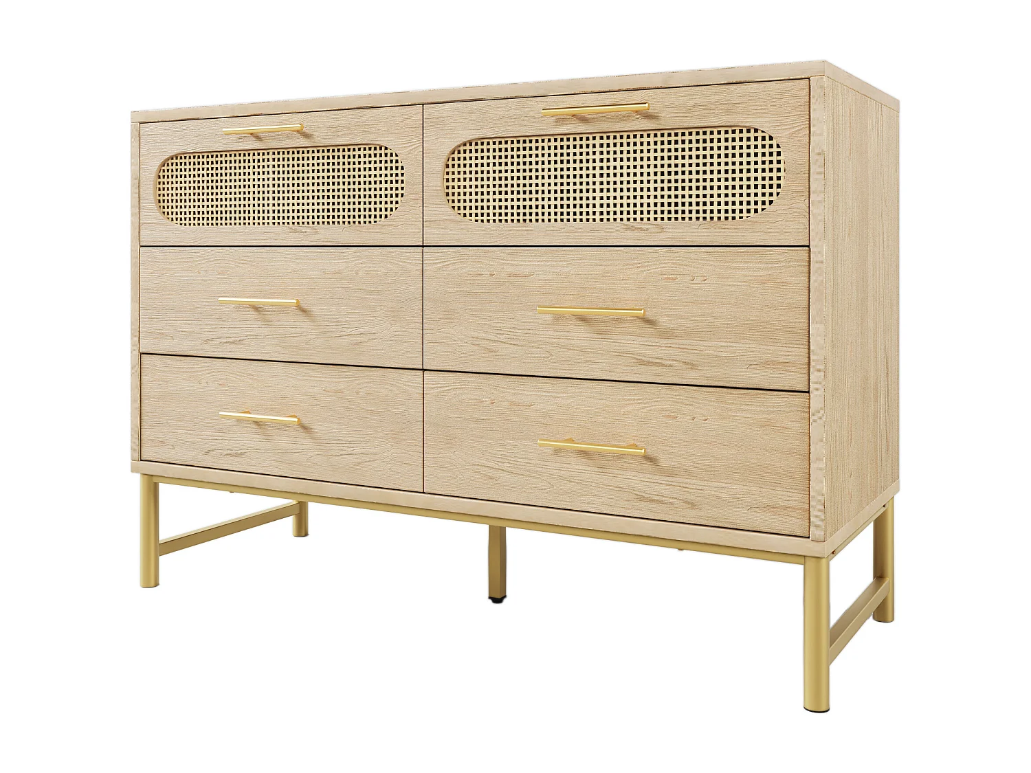 Buffet 120x40x74 cm avec 6 tiroirs - meuble de rangement en bois design rotin - poignées métalliques - chêne